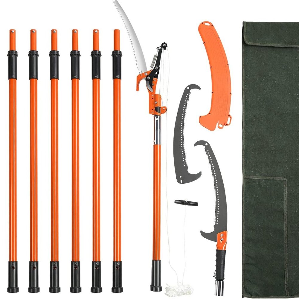 Manual Pole Saw, 7.3-27 ft Extendable Tree Pruner, Sharp Steel Blade and Scissor